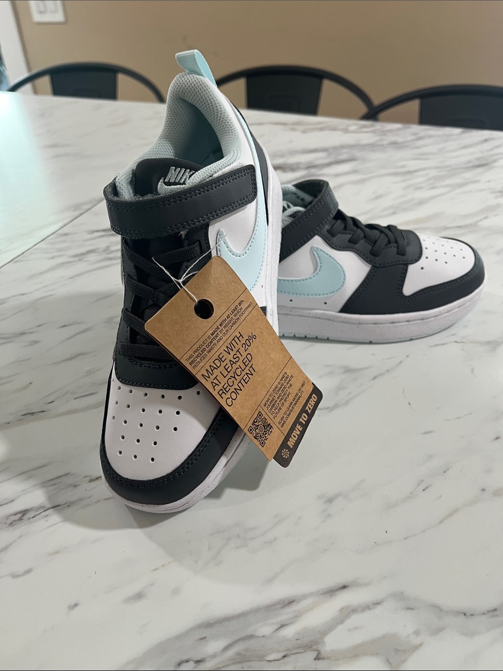 Nike Court Borough Kids Sneakers in White, Black & Light Blue